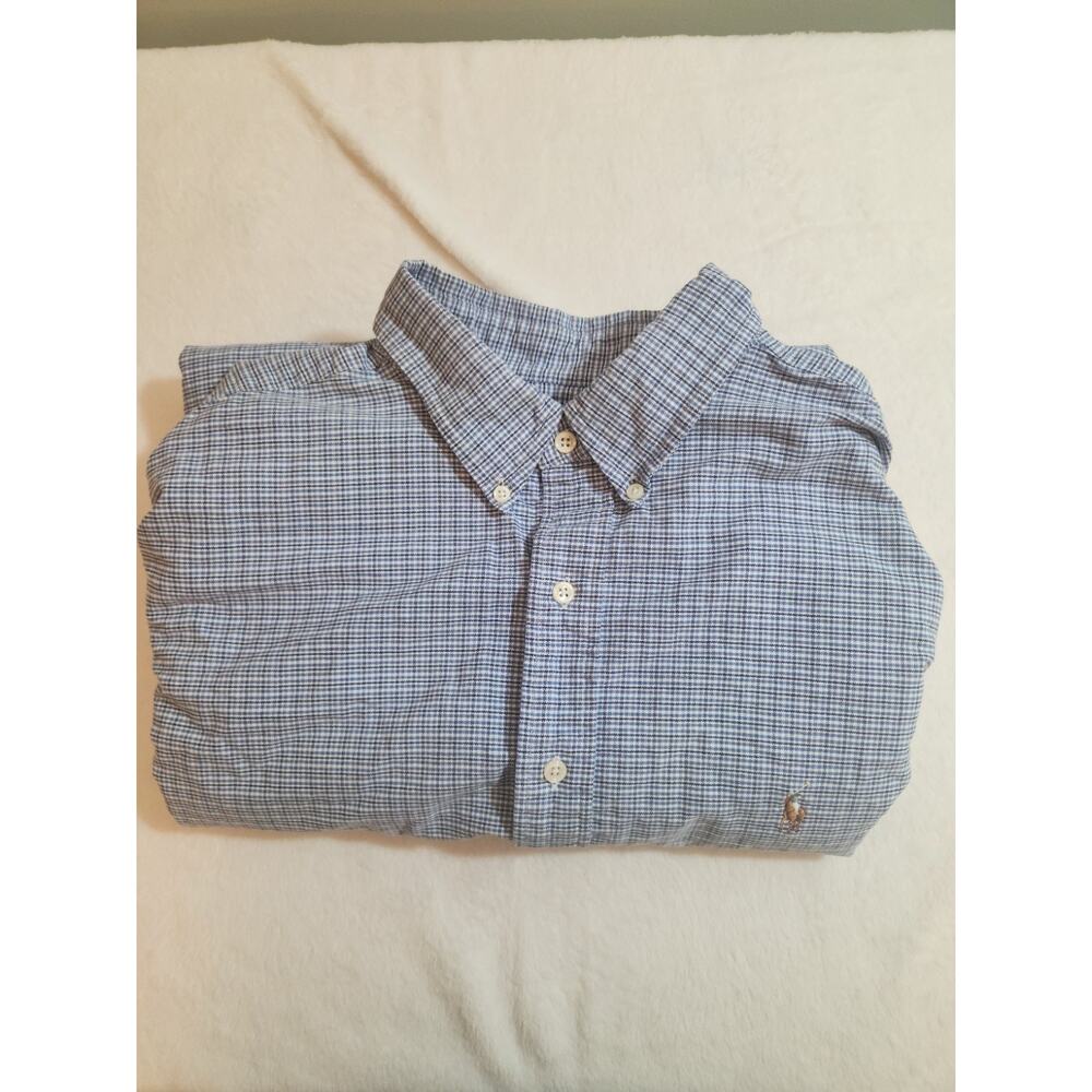 Ralph Lauren Shirt Mens 18 34 / 35 XL Blue Plaid Long Sleeve Cotton Oxford
